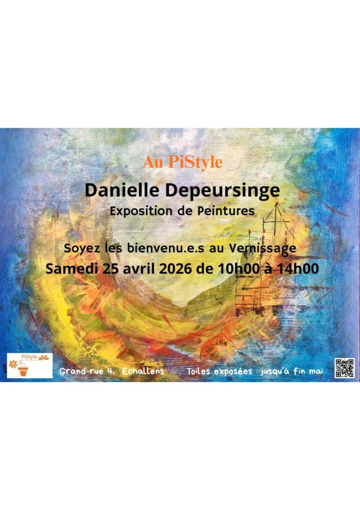 Danielle Depeursinge expose ses oeuvres Au PiStyle.
Vernissage samedi 25 avril de 10h00-14h00. Celles-ci seront exposées jusqu'à fin mai au magasin. Soyez les Bienvenu.e.s 